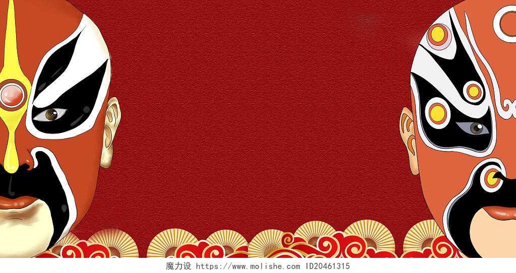 红色国潮风中国传统戏曲京剧手绘脸谱创意展板背景京剧背景